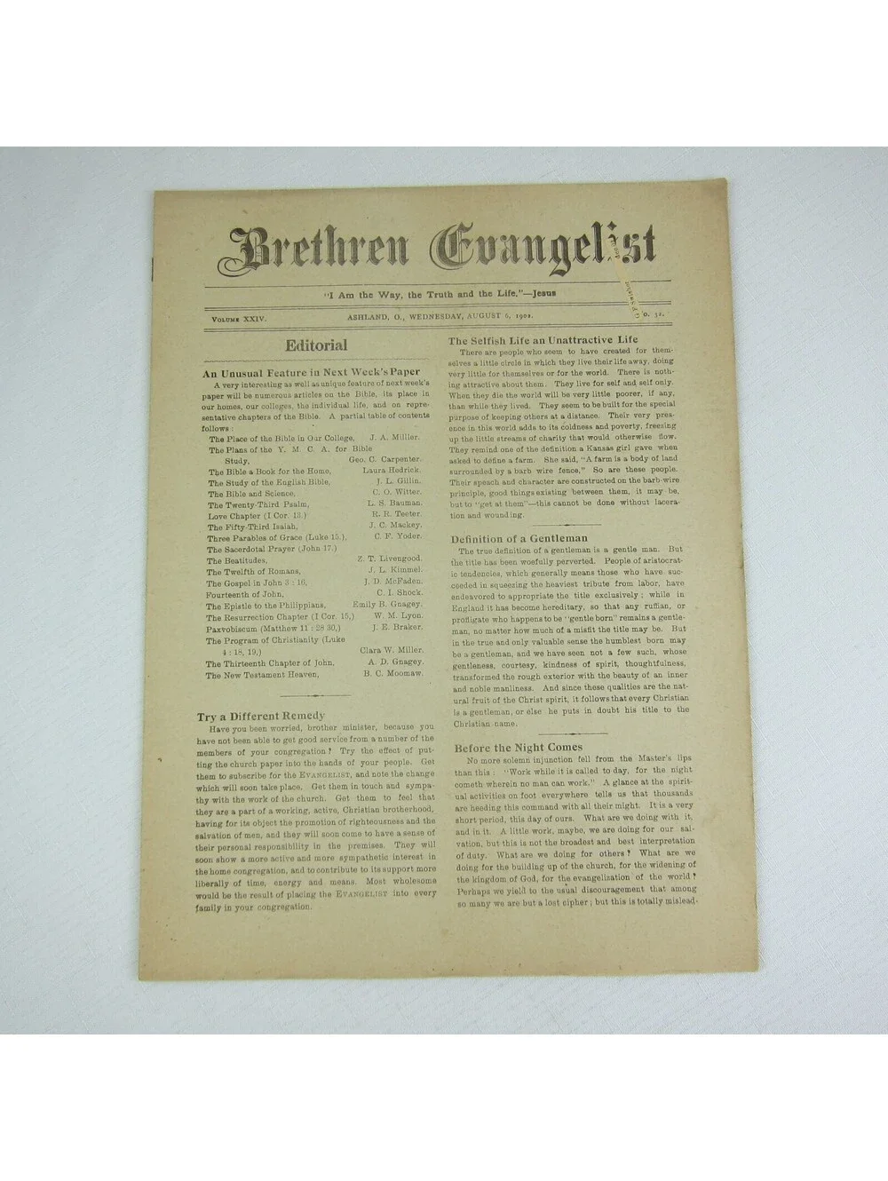 Brethren Evangelist Christian Newspaper Ashland Ohio Antique August 6, 1902 RARE